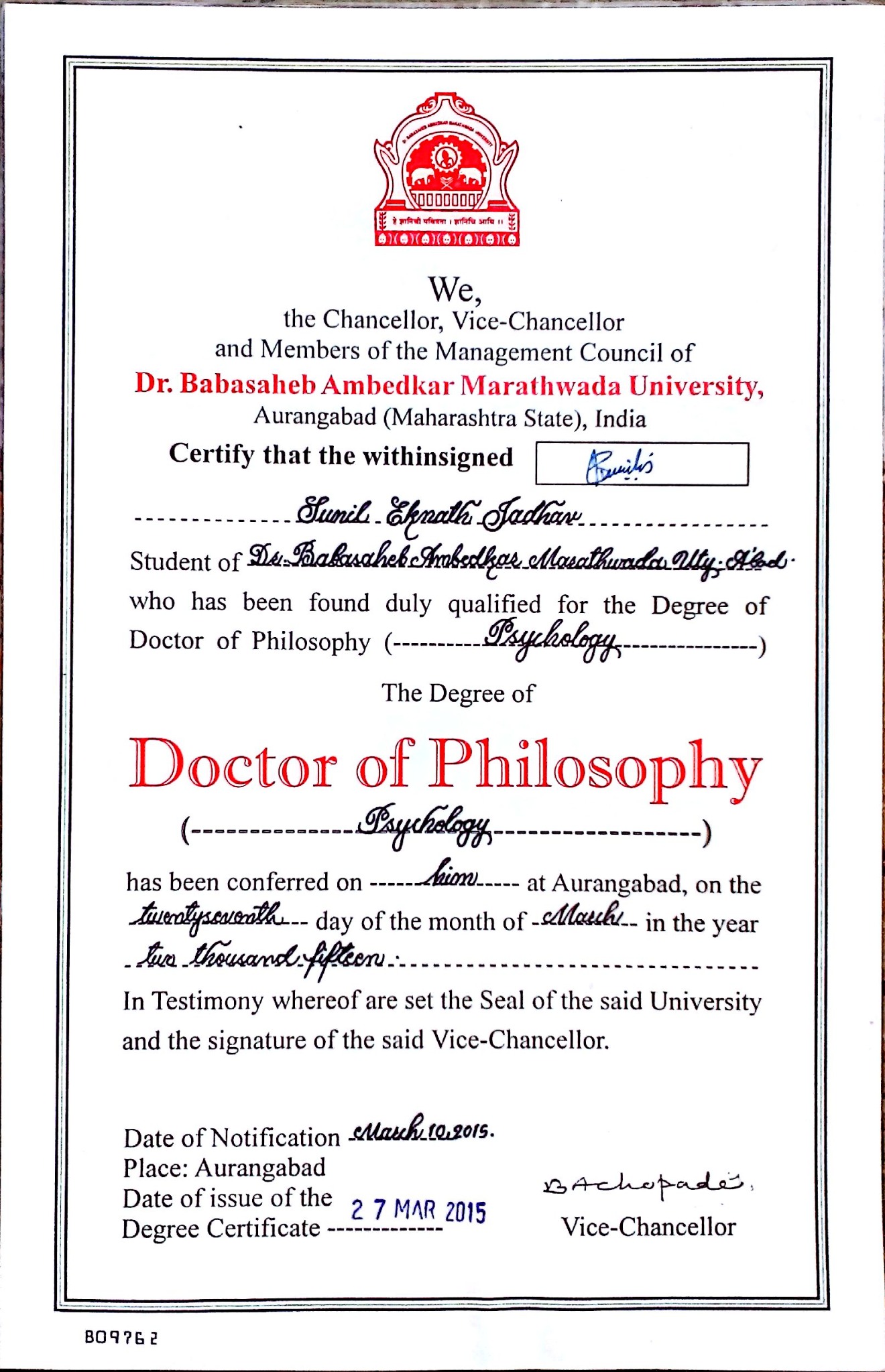 PhD Degree Certificate in Psychology, 27 March 2015